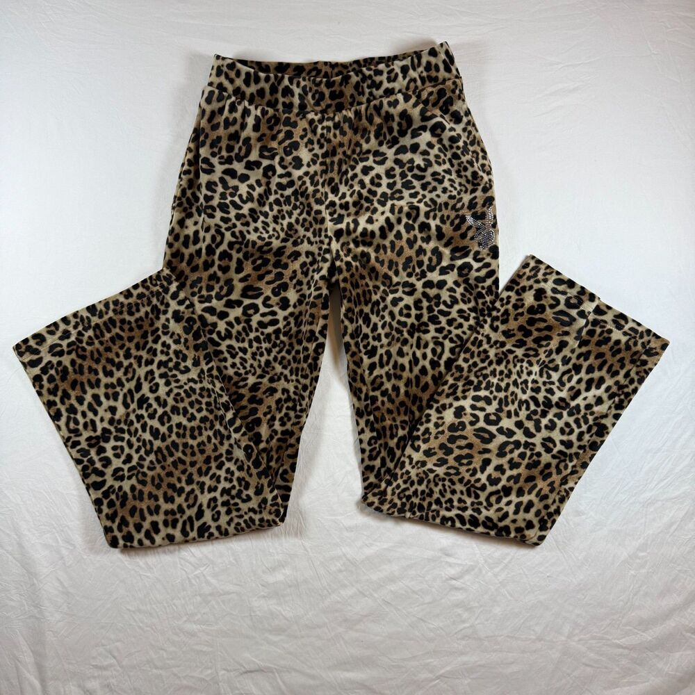 Playboy Leopard Print Velour Flare Pants Size M Rhinestone Bunny Logo
